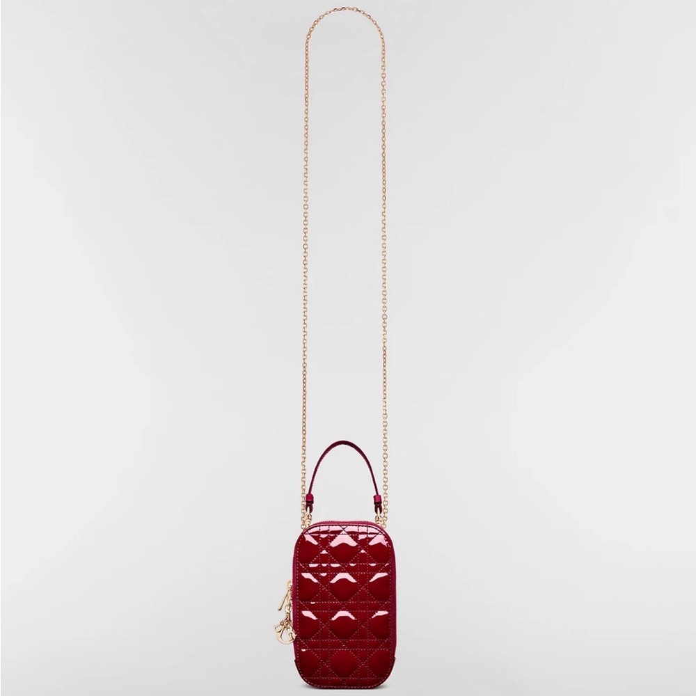 Lady Dior Call'in Dior Phone Holder in Cherry Red Patent Cannage Calfskin EUC